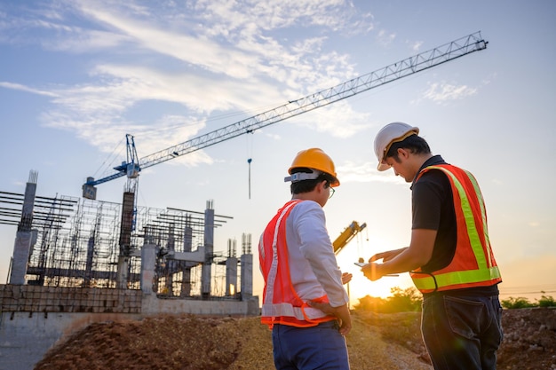 Engenheiro de construção fala com o arquiteto no canteiro de obras Para descrever o trabalho de design de casa