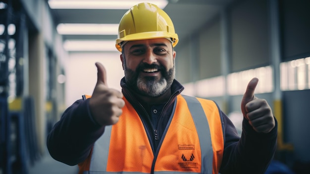 Engenheiro de construção mostrando o sinal da vitória no canteiro de obras