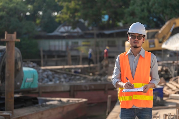 Engenheiro de construção trabalhando em um canteiro de obras de construção de uma ponte sobre um rio Engenheiro civil supervisionando o trabalho Foreman inspeciona o trabalho em um local de construção