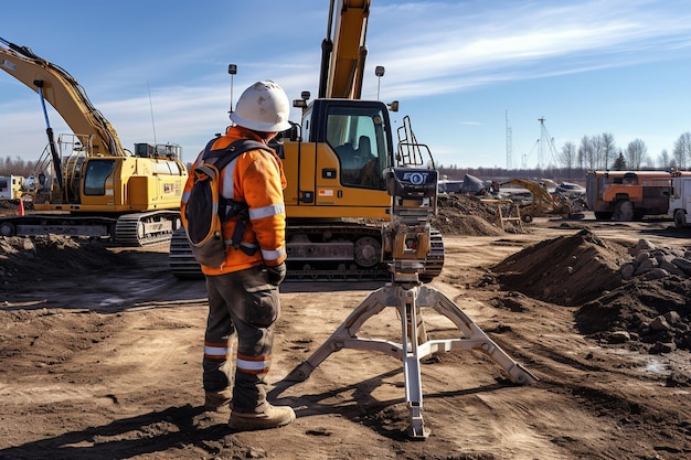 Foto engenheiro de construção usar uniforme de segurança durante a inspeção e pesquisa no local de trabalho