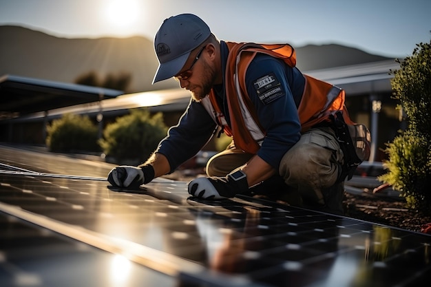 Engenheiro de energia solar instalando painéis solares no telhado técnico elétrico no trabalho alternativ