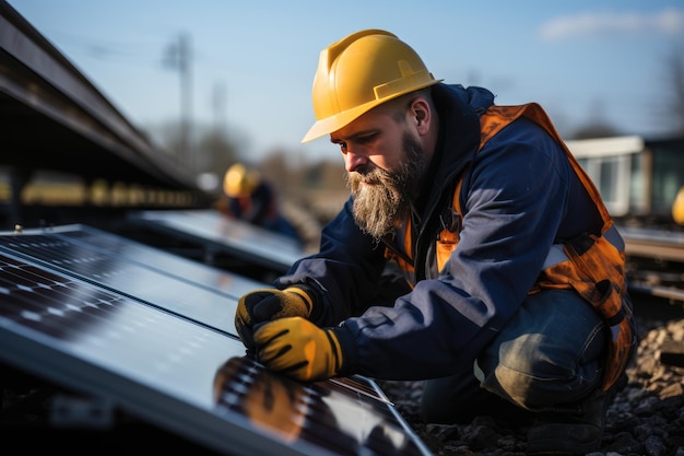 Engenheiro de energia solar instalando painéis solares