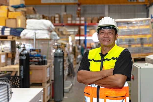 Engenheiro de equipe do sudeste asiático homem retrato confiante feliz braço sorridente cruzado no armazém da fábrica