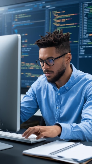 Engenheiro de informática afro-americano programando interface de código binário usando css html script e encryptio