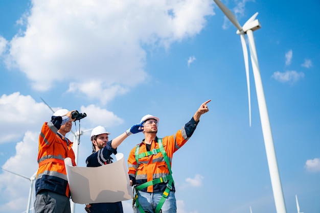 Engenheiro de manutenção de turbinas eólicas no canteiro de obras do parque eólico