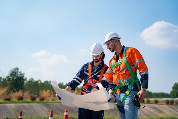 Engenheiro de manutenção de turbinas eólicas no canteiro de obras do parque eólico