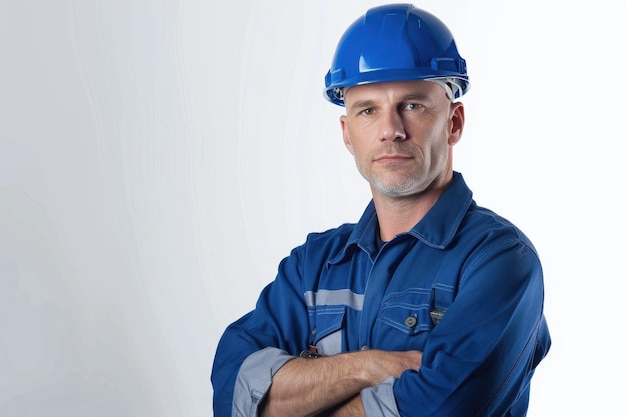 Engenheiro de meia-idade com capacete azul de pé com os braços cruzados