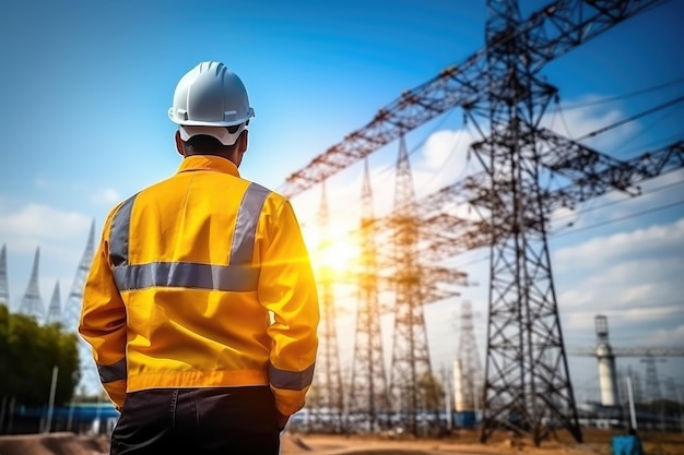 Engenheiro de pé na torre de alta tensão