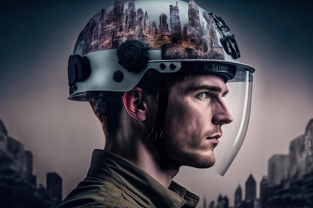 Engenheiro de retratos de engenharia civil usando capacete com exposição dupla maravilhosa