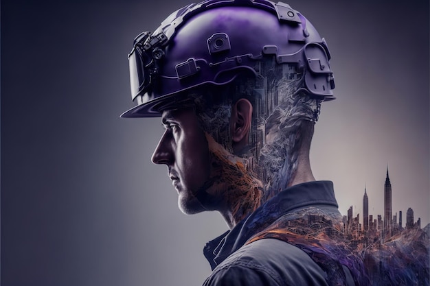 Engenheiro de retratos de engenharia civil usando capacete com exposição dupla maravilhosa