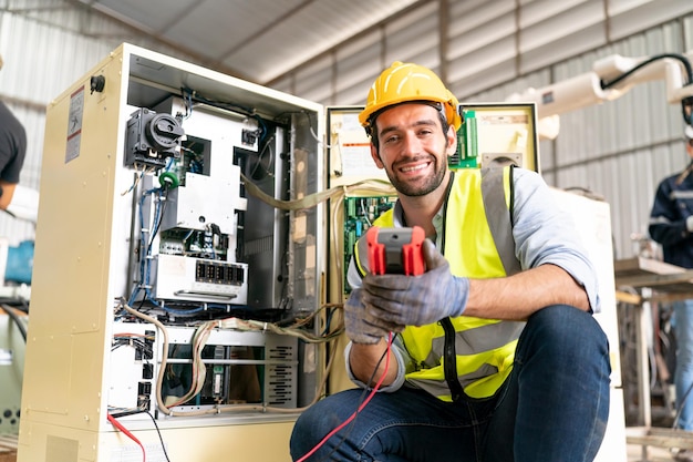 Engenheiro de robótica trabalhando na manutenção do braço robótico moderno no armazém da fábrica Business technoloy