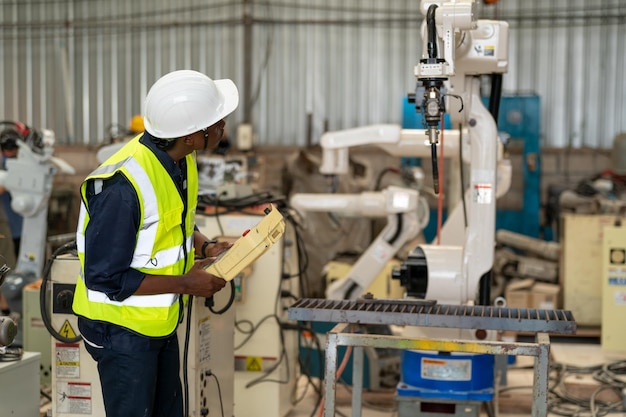 Engenheiro de robótica trabalhando na manutenção do braço robótico moderno no armazém da fábrica Business technoloy