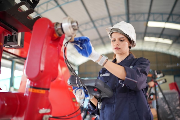 Engenheiro de robótica trabalhando na manutenção do braço robótico moderno no armazém da fábrica business technoloy