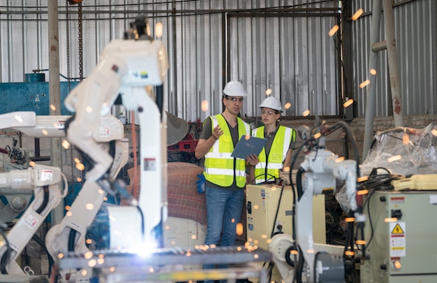 Foto engenheiro de robótica trabalhando na manutenção do braço robótico moderno no armazém da fábrica