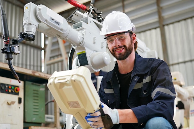 Engenheiro de robótica trabalhando na manutenção do braço robótico moderno no armazém da fábrica