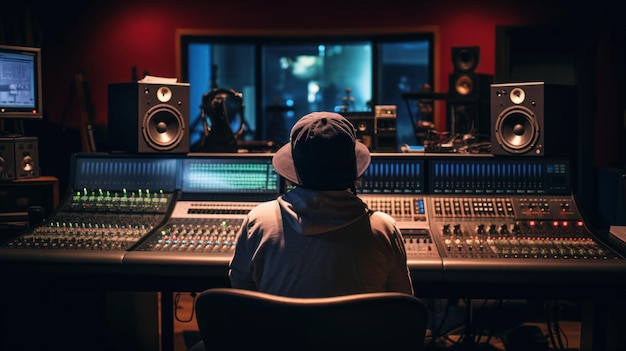 Engenheiro de som usando fones de ouvido e músico gravando música no estúdio de gravação boutique