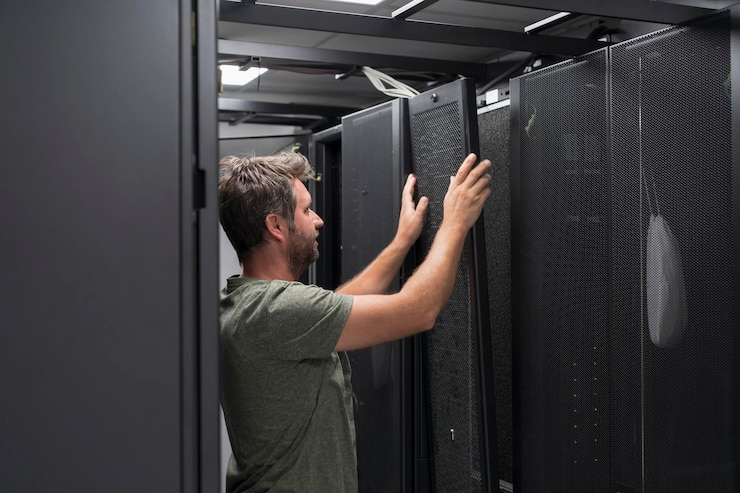 Foto engenheiro de ti trabalhando na sala de servidores ou data center. o técnico coloca em um rack um novo servidor de supercomputador de mainframe de negócios corporativos ou fazenda de mineração de criptomoedas.