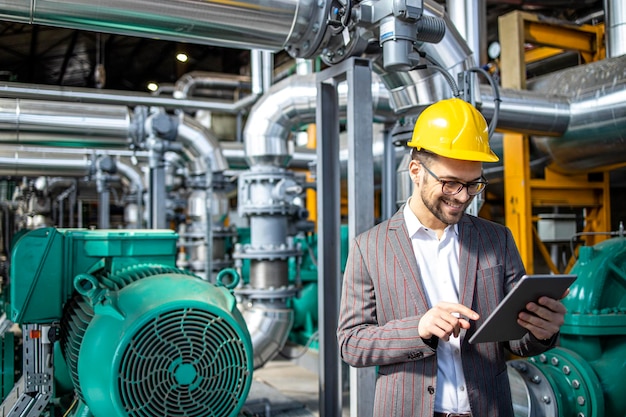 Engenheiro de usina em pé ao lado de motores a gás dentro da fábrica de produção de energia