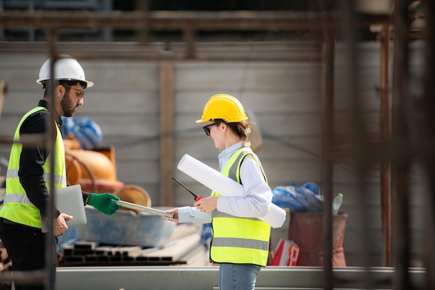 Engenheiro e arquiteto trabalhando no canteiro de obras, verificando planos e processos