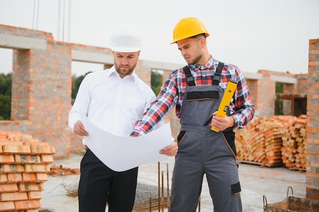 Engenheiro e construtor em capacetes discutindo planta no canteiro de obras