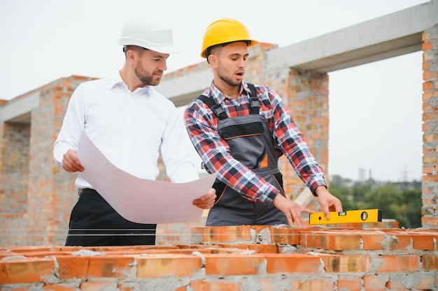 Engenheiro e construtor em capacetes discutindo planta no canteiro de obras