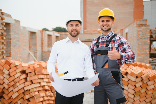 Engenheiro e construtor em capacetes discutindo planta no canteiro de obras