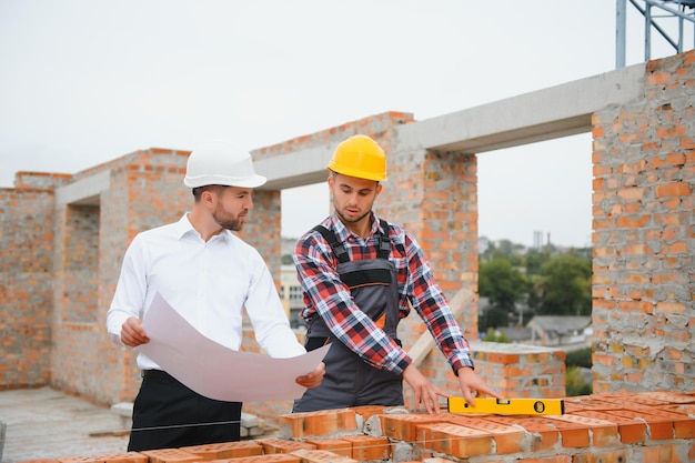 Engenheiro e construtor em capacetes discutindo planta no canteiro de obras