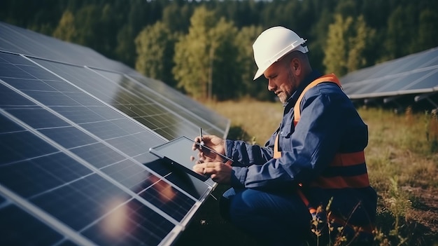 Engenheiro e investidor a realizar a inspecção de painéis solares numa instalação de energias renováveis