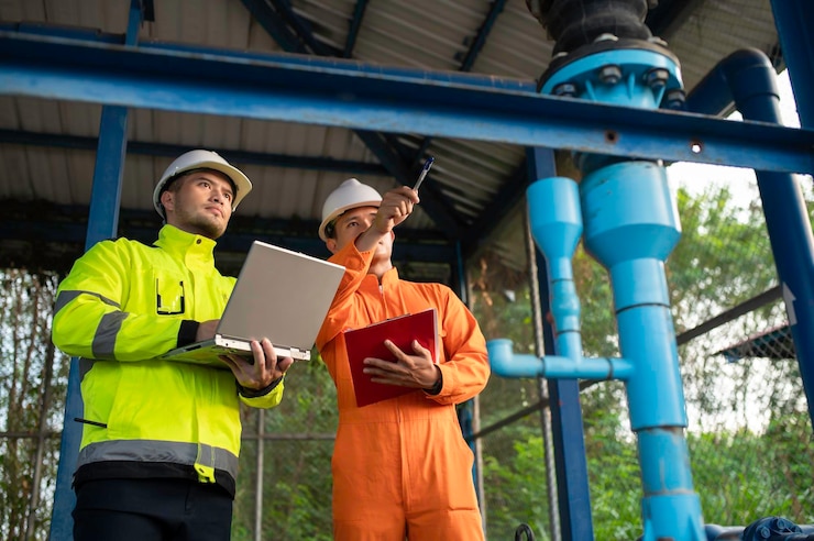 Engenheiro e técnico de manutenção verificando os dados técnicos do equipamento do sistema Condensador Bomba de água e medidor de pressão Ambientalista a trabalhar no abastecimento de água