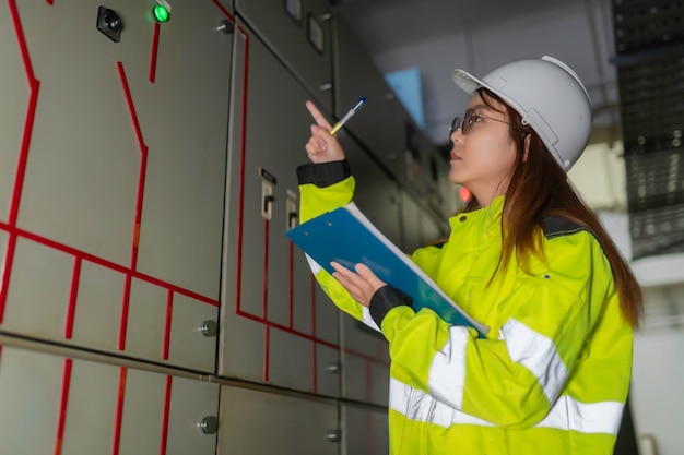 Foto engenheiro elétrico asiático segurando clipboard para verificar e monitorar o sistema elétrico na sala de controle técnico tailandês pessoas trabalhando