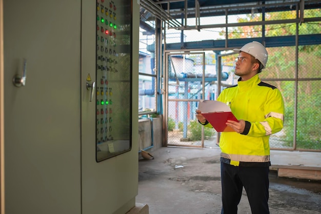 Foto engenheiro elétrico verificando a tensão no gabinete de distribuição de energia manutenção preventiva anual supervisor trabalhando numa estação de tratamento de águas residuais