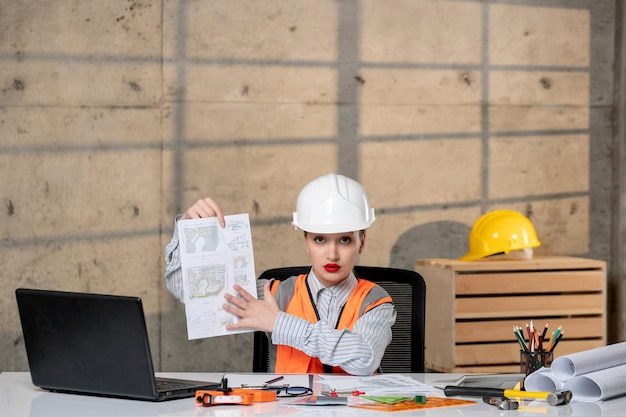 Foto engenheiro em capacete e colete trabalhador civil inteligente jovem loira bonita mostrando um novo plano