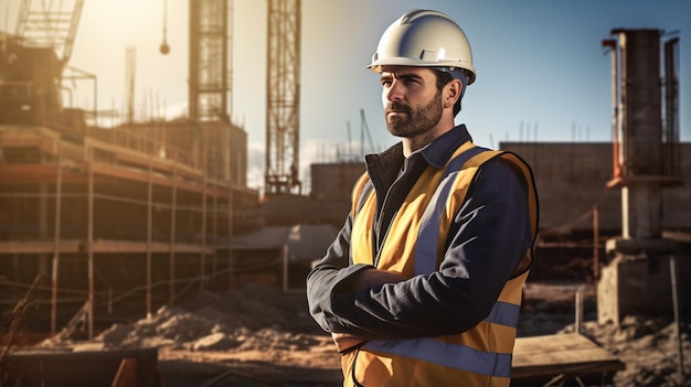 Engenheiro em um capacete no fundo do edifício