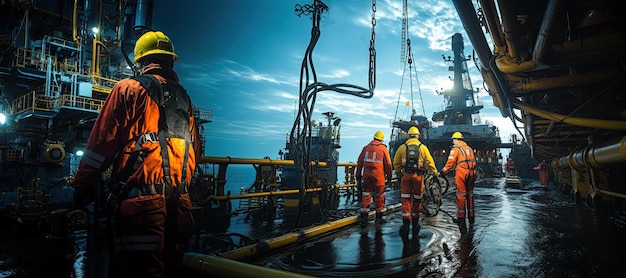 Engenheiro está em uma plataforma de perfuração de petróleo em meio ao vasto mar trabalhando para extrair recursos vitais gerado com IA