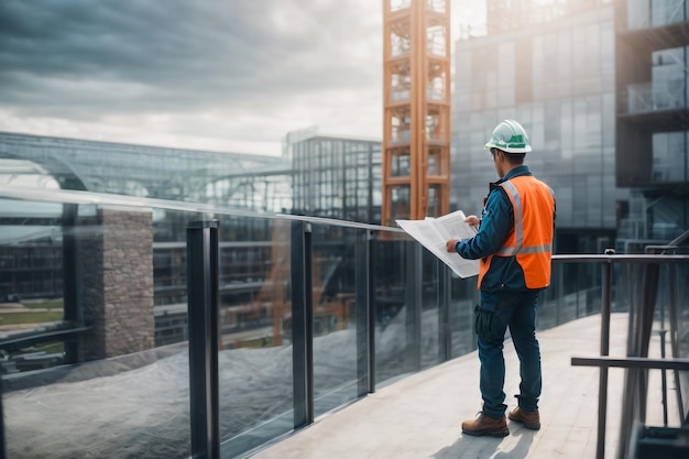 Engenheiro estrutural e arquiteto trabalhando com planos discutem no canteiro de obras ao ar livre