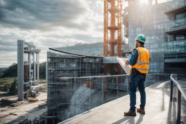 Engenheiro estrutural e arquiteto trabalhando com planos discutem no canteiro de obras ao ar livre