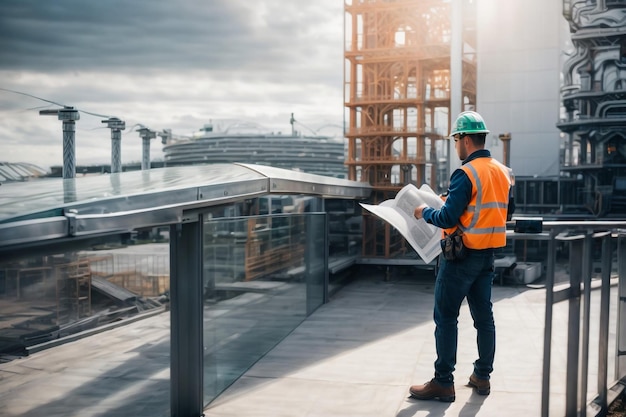 Engenheiro estrutural e arquiteto trabalhando com planos discutem no canteiro de obras ao ar livre