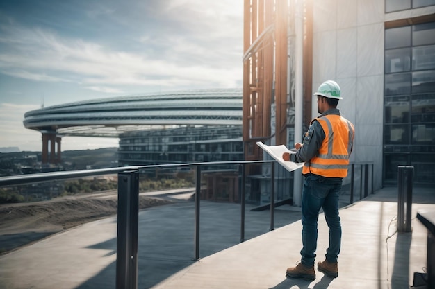 Engenheiro estrutural e arquiteto trabalhando com planos discutem no canteiro de obras ao ar livre