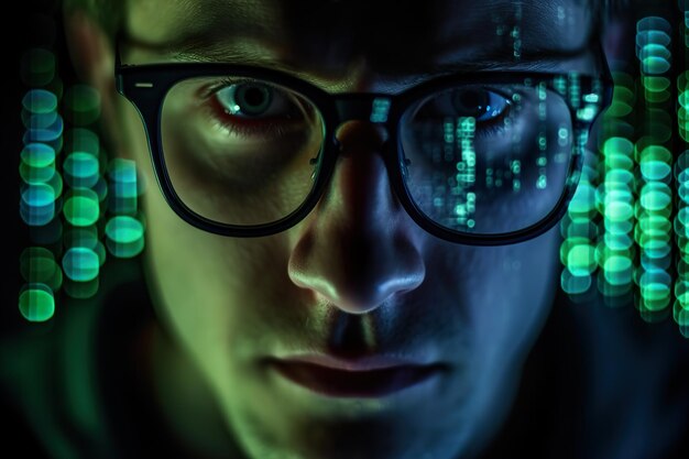 Engenheiro examinando tecnologia de IA com reflexo em óculos Generative Ai