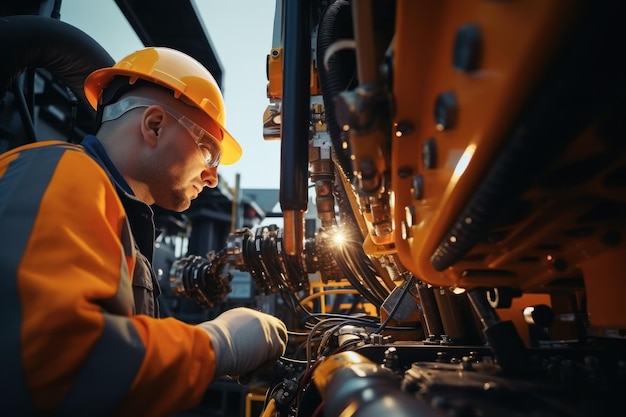 Engenheiro hidráulico verificando a segurança Nova instalação de máquinas industriais modernas Coleção de trabalhos industriais