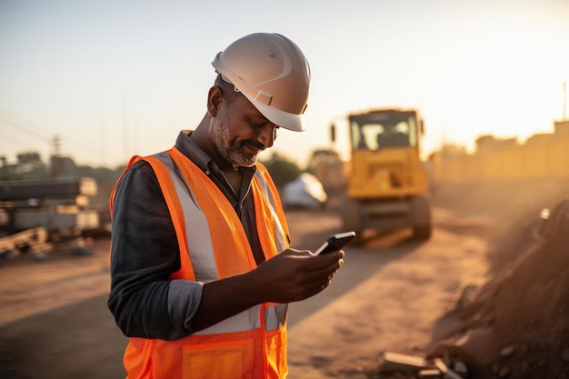 Engenheiro indiano usando smartphone no local de trabalho