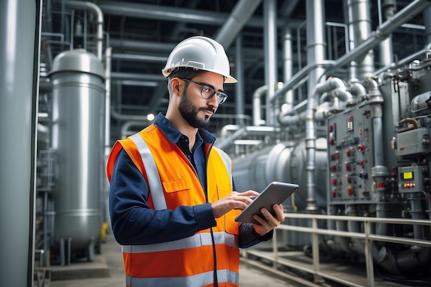 Foto engenheiro industrial ao lado do gerador de gás na central eléctrica e controlador