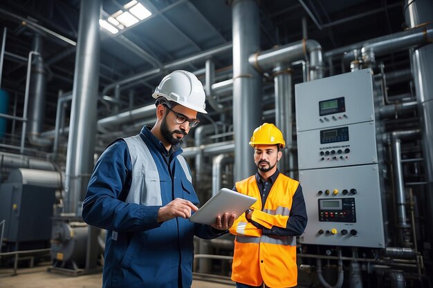 Foto engenheiro industrial ao lado do gerador de gás na central eléctrica e controlador