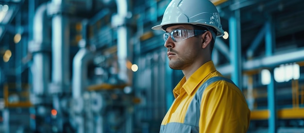 Engenheiro industrial vestindo uniforme e capacete de segurança na produção de fábrica Gerada por IA