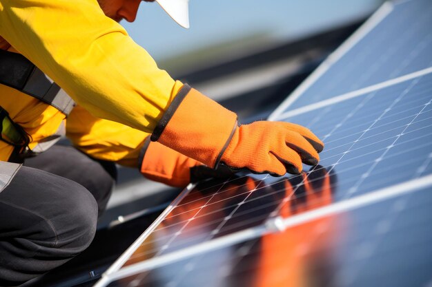 Foto engenheiro inovador instala painéis fotovoltaicos ecológicos