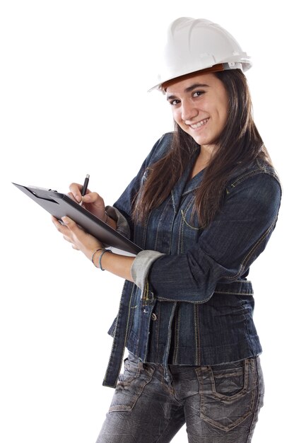 Foto engenheiro jovem atraente sobre um fundo branco