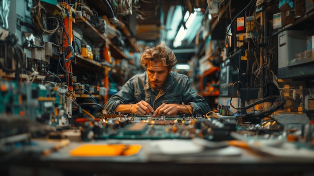 Engenheiro masculino focado em soldar placas de circuitos na oficina