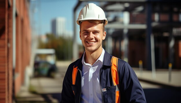 Engenheiro masculino sorridente e feliz, jovens bonitos construindo aparência eslava