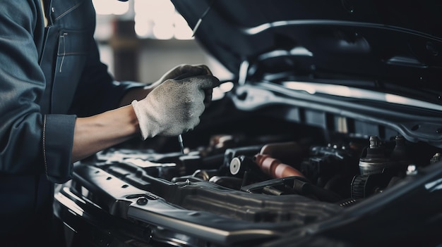 Engenheiro mecânico masculino sênior trabalhando em veículo em serviço de carro Técnico de reparo especializado