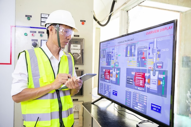 Engenheiro olhando para trabalhar na sala de controle elétrico